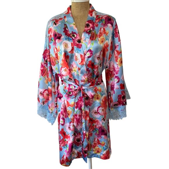 Victoria Secret Happy Poppies Lace Insert Robe EUC Size XS Small Satin Tie Waist - Picture 4 of 12